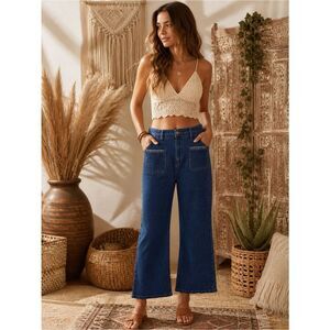 Lovelo Dark Blue Women's Flare Jeans with Whip Stitch Pocket Detail